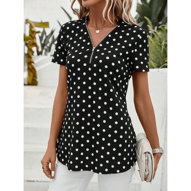 Women's Shirt Stylish Polka Dot Zipper Short Sleeve Zip Daily Black Summer3