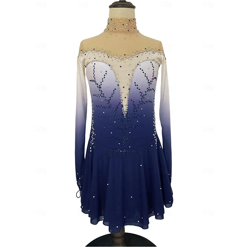 Figure Skating Dress Women's Girls' Ice Skating Dress Purple Fuchsia Dark Blue Patchwork Thumbhole Mesh Spandex Stretchy Training Practice Professional Skating Wear Thermal Warm Classic Crystal3