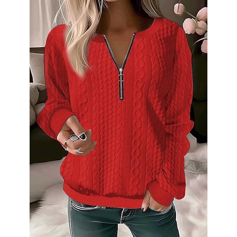 Women's Sweatshirt Pullover Casual Textured Plain Dailywear Crew Neck Quarter Zip Long Sleeve Black White Red Gray Fall & Winter4