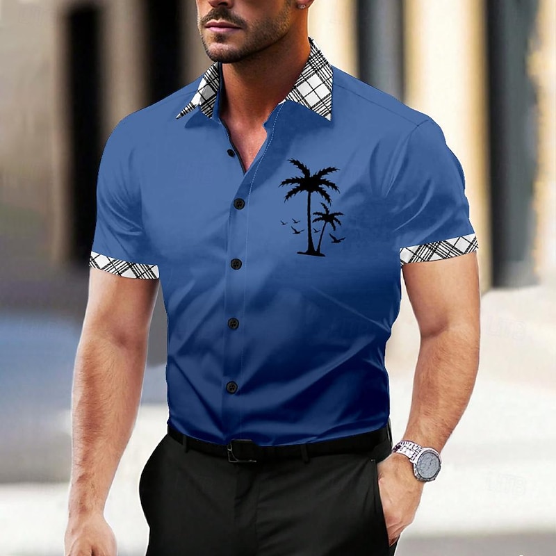 Men's Shirt Dress Shirt Coconut Tree Holiday Yellow Blue Green Gray Short Sleeve Turndown Summer Clothing Apparel Buttons