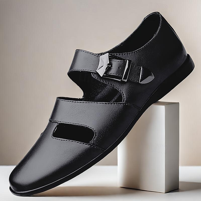 Men's Black Leather Fisherman Sandals - Comfortable Closed-Toe Dress Shoes with Buckle for Formal and Casual Occasions