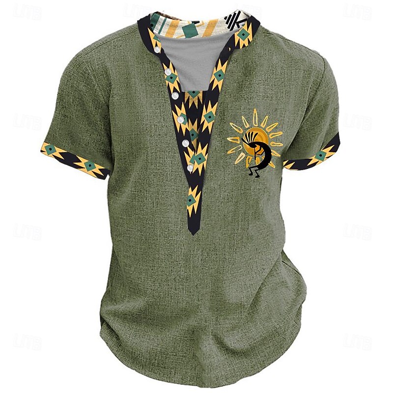 Tribal Kokopelli Bandana Print Men's Ethnic 3D Print T shirt Tee Henley Shirt Casual Daily Holiday T shirt Yellow Green Khaki Short Sleeve Henley Shirt Summer Spring Clothing Apparel4