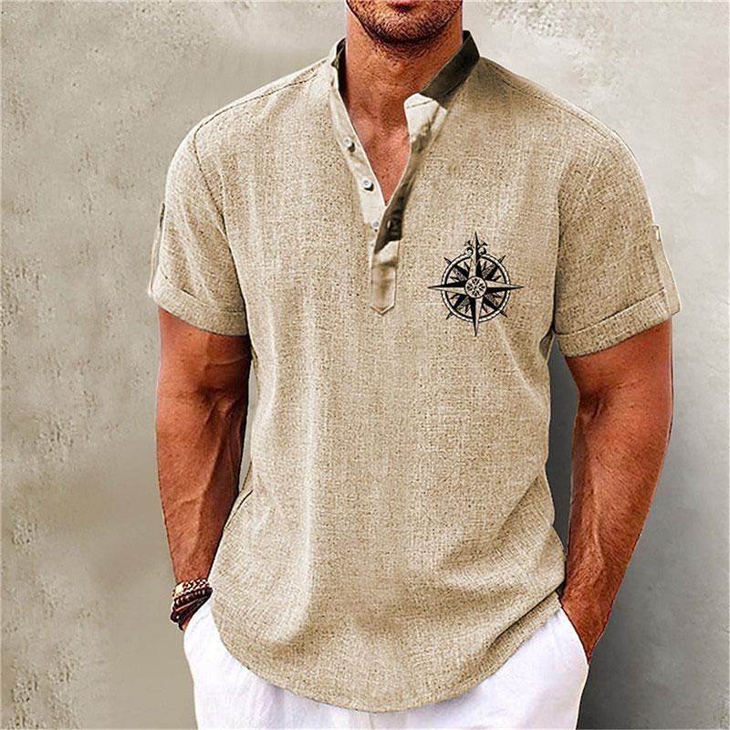 Men's Shirt Linen Shirt Beach Shirt Graphic Prints Outdoor Vacation Pink Green Khaki Gray Short Sleeve Stand Collar Summer Spring Clothing Apparel Print
