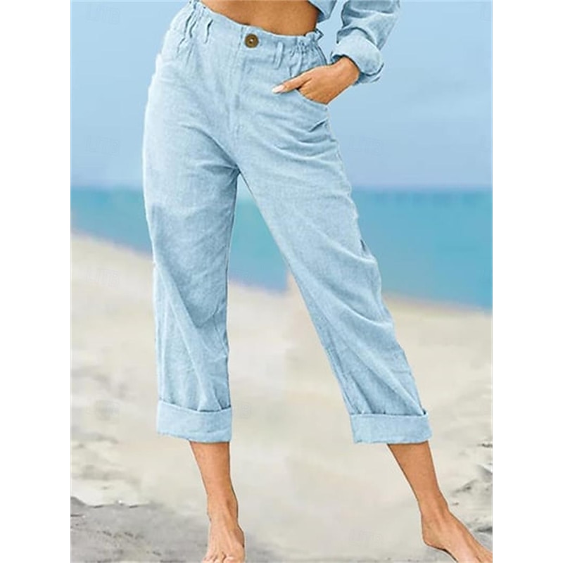 Women's Chinos Pants Trousers Streetwear Casual Long High Waist Plain Pocket High Cut Breathability Soft Micro-elastic Vacation Street Daily Wear White Khaki Light Grey Summer Spring Regular Fit