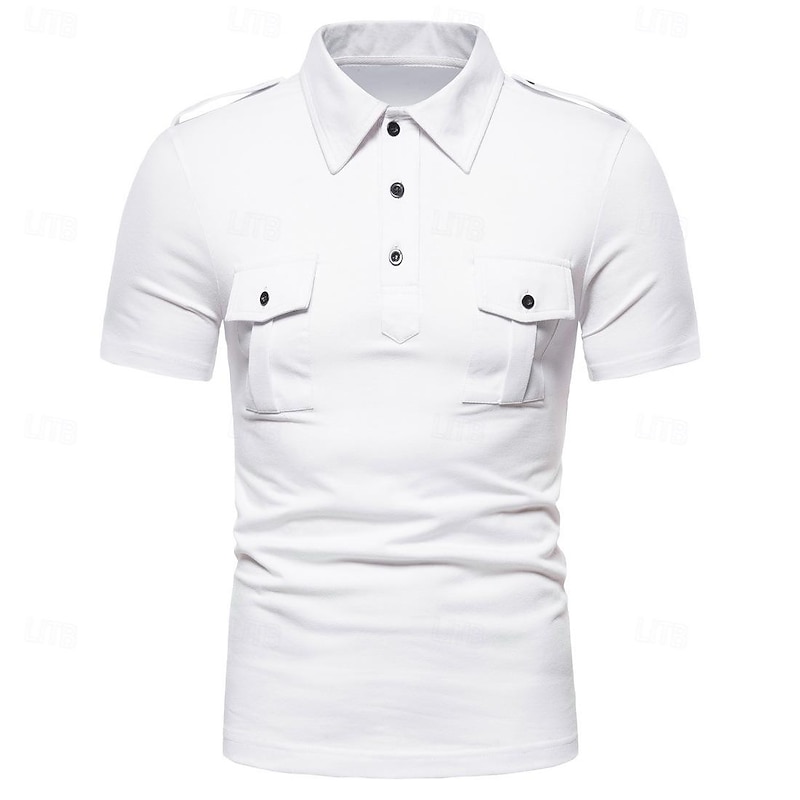 Men's Polo Shirt Golf Shirt Work Casual Lapel Short Sleeve Basic Modern Solid Color Patchwork Button Spring & Summer Regular Fit Black White Grey Polo Shirt4