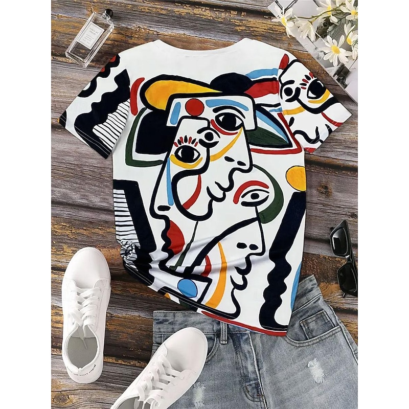 Women's T Shirt Stylish Casual Print Short Sleeve Regular Tops Crew Neck Daily White Pink Blue Summer2