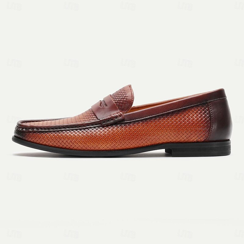 Men's Woven Burgundy Leather Loafers - Elegant Dress Shoes with Textured Finish and Premium Cowhide3