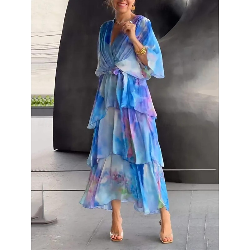 Women's Long Dress Maxi Dress A Line Dress Elegant Formal Date Regular Fit Floral Half Sleeve V Neck Blue Summer4