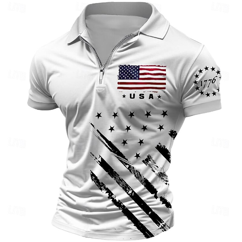 Men's American Flag Veterans Zip Polo Shirts Golf Shirt Short Sleeve Polo Shirts Collared Shirts Streetwear Vacation Wear Party Outfits 3D Print Quarter Zip Polo Spring & Summer White Blue3