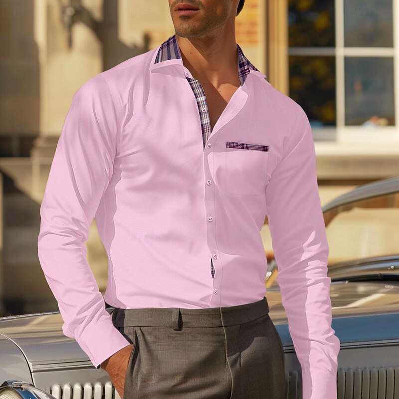 Men's Dress Shirt Wrinkle Resistant Stretch Plaid Wedding Outdoor Black White Pink Blue Long Sleeve Turndown Summer Spring Clothing Apparel3