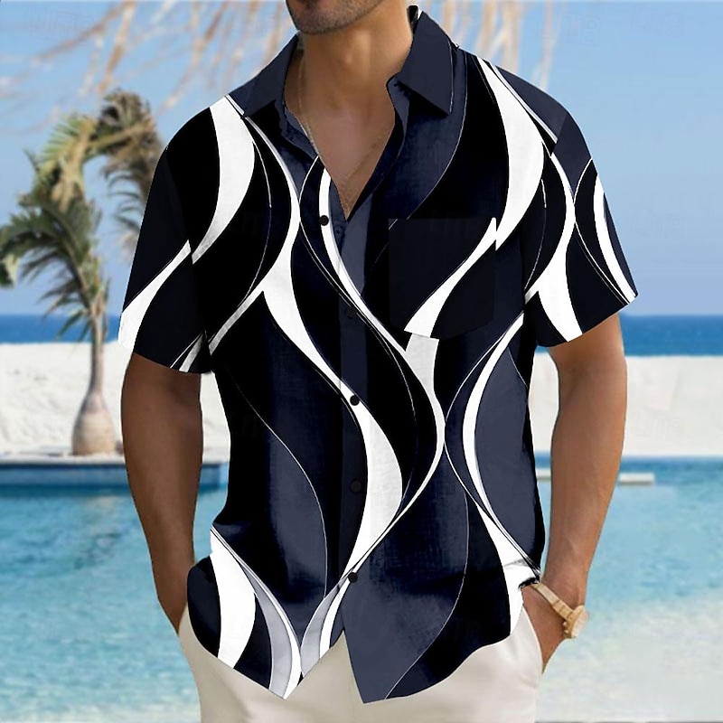 Men's Geometric Lines / Waves Geometric Pattern Button Up Shirt Printed Shirts Short Sleeve Hawaiian Resort Causal Casual Daily Summer Turndown Print Button-Down Black White Blue Khaki4