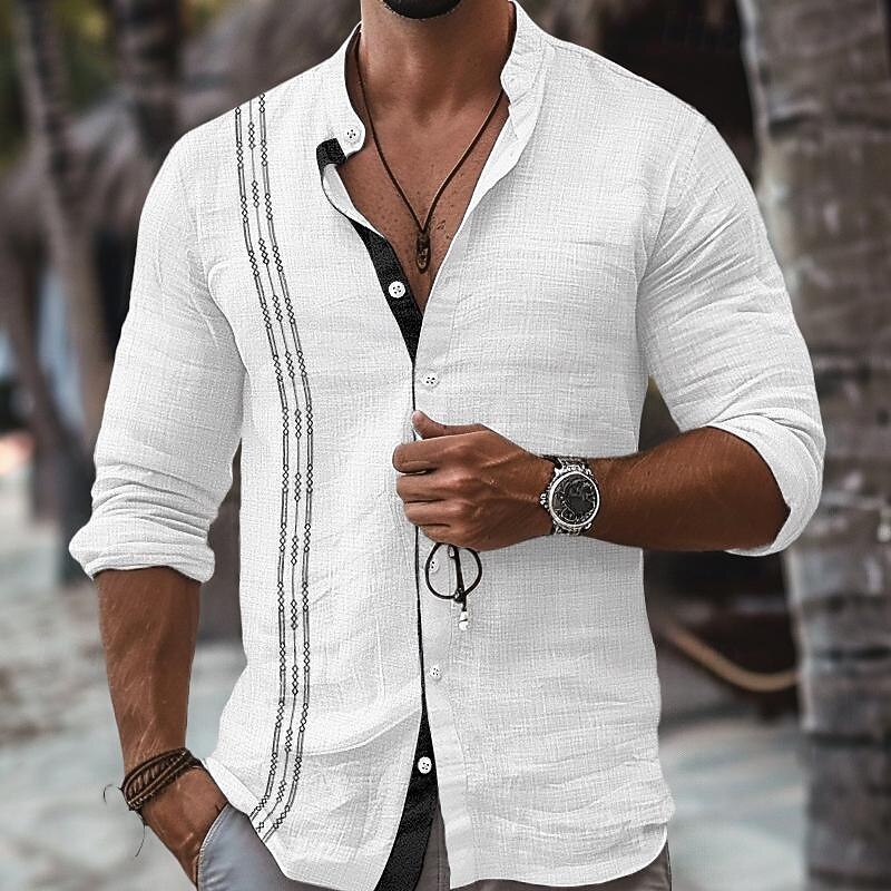 Men's Shirt Linen Shirt Embroidered Button Up Shirt Casual Shirt Summer Shirt Beach Shirt Black White Pink Long Sleeve Standing Collar Spring & Summer Casual Daily Clothing Apparel Embroidered