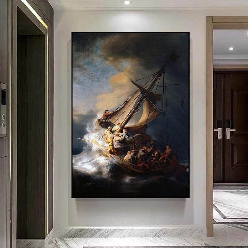 Storm oil painting Hand painted Rembrant - Christ in the Storm on the Sea of Galilee oil painting  Rembrant - Christ painting for Room decor Apartment decor Entryway decor Dorm room decor Seascape art