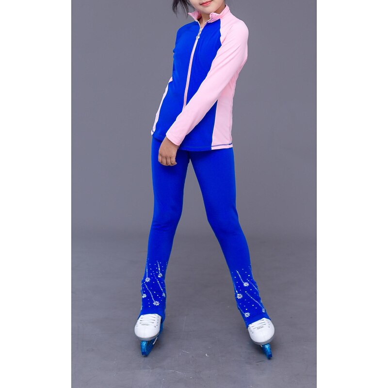 Figure Skating Fleece Jacket Figure Skating Pants Figure Skating Jacket with Pants Women's Girls' Ice Skating Jacket Tights Outfits Blue+Light Blue Black White Blue Pink Patchwork Thumbhole Spandex3