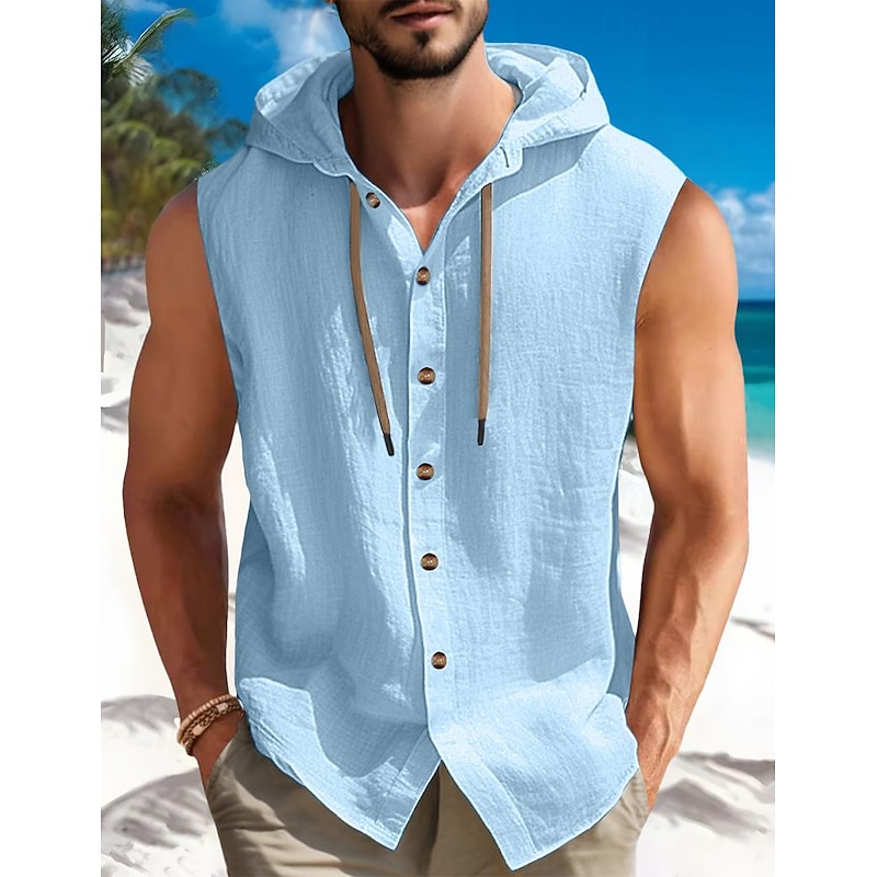 Men's Shirt Summer Shirt Beach Wear Button Up Shirt Plain Vacation Curise Black White Blue Khaki Sleeveless Hooded Summer Spring Clothing Apparel