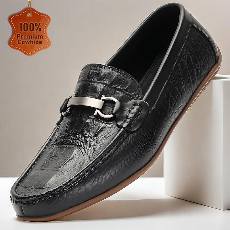 Men's Crocodile Pattern Leather Slip-On Loafers - Stylish Black Driving Shoes with Metal Bit
