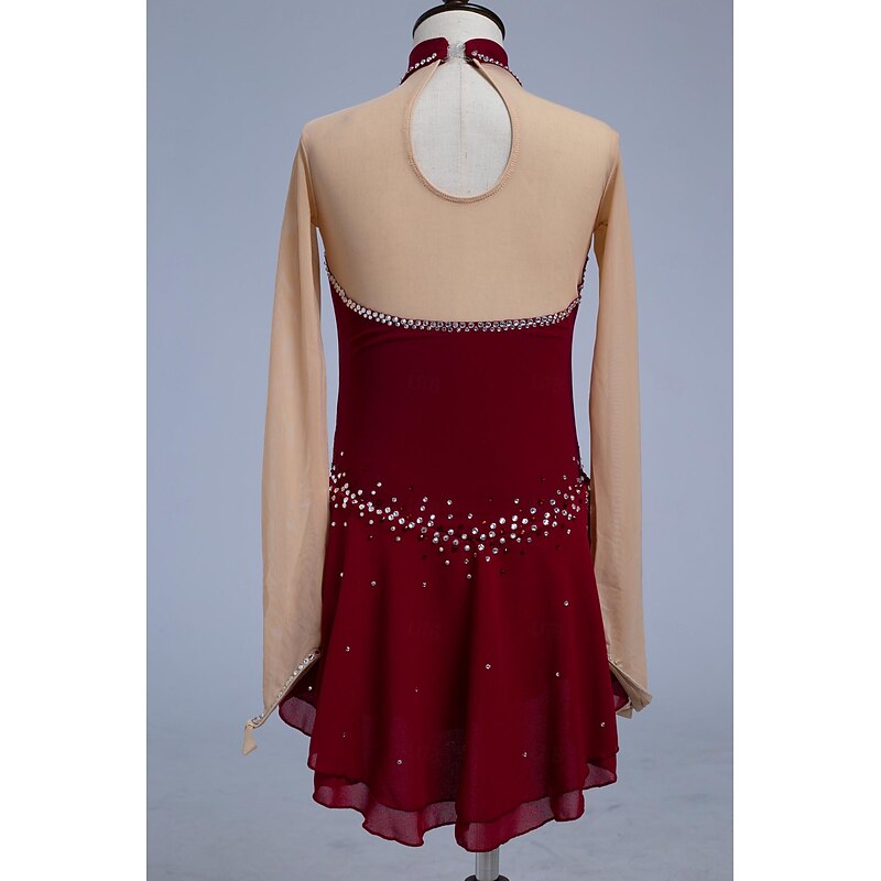 Figure Skating Dress Women's Girls' Ice Skating Dress Burgundy Thumbhole Mesh Spandex Stretchy Training Practice Professional Skating Wear Thermal Warm Classic Crystal / Rhinestone Long Sleeve Ice2