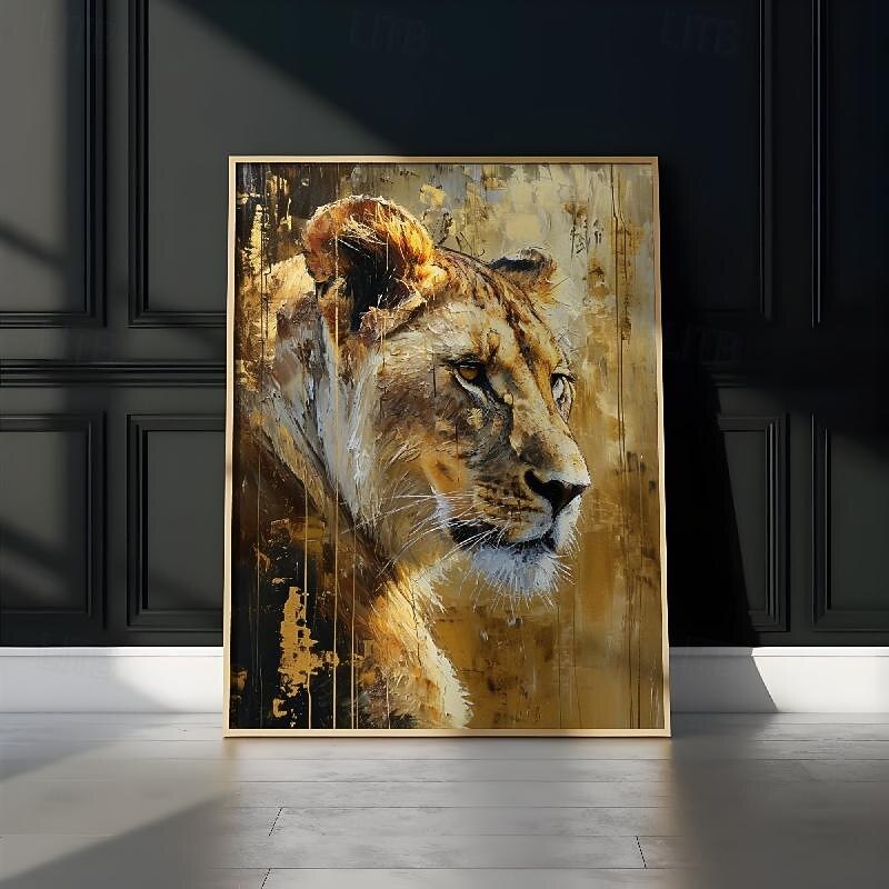 Hand Painted Abstract Oil Painting Temporal Impressionism Lioness Gold White Modern Wall Art Decor Modern Farmhouse Wall Decor Art On Wall