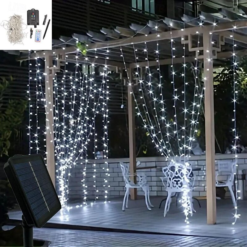 Elegant Wedding Reception Party Outdoor Solar LED String Lights, USB Charging Curtain Fairy Lights 3*3m, Christmas Icicle String Lights Waterfall Lamp Wedding Room Garland Garden Outdoor Decor3