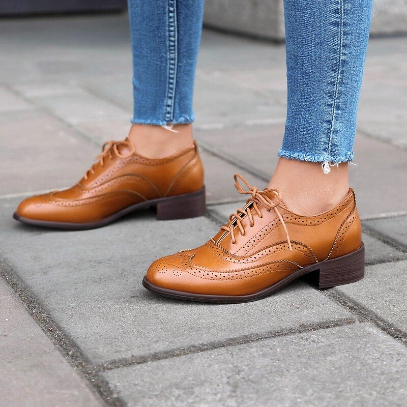 Women's Brown Faux Leather Brogue Oxford Shoes - Lace-Up Vintage Style Flats with Wingtip Detailing for Casual or Formal Wear4