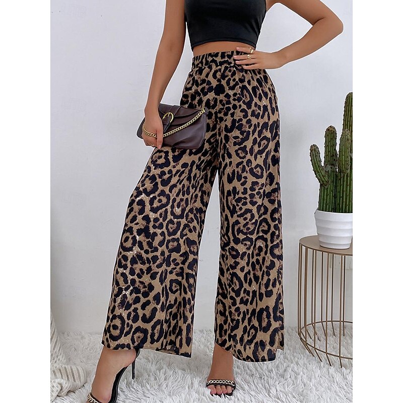 Women's Wide Leg Pants Trousers Streetwear Casual Long High Waist Floral Leopard Pocket Printing Elastic Drawstring Design Breathability Soft Micro-elastic Vacation Street Daily Wear Leopard Blue2