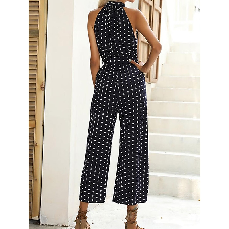 Women's Normal Jumpsuit Streetwear Polka Dot Sleeveless Halter Neck Pocket High Waist Street Daily Regular Fit Black Green Summer3