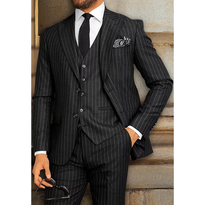 Men's Wedding Suits Peaked Lapel Black Dark Navy Party Dress Solid Colored Tailored Fit 3 Piece Single Breasted Two-buttons