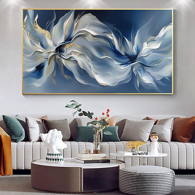 Handmade Abstract Blossom Floral Oil Painting On Canvas Large Original Textured Blue White Flower Wall Art Custom Modern Home Living Room Decor Gift No Frame