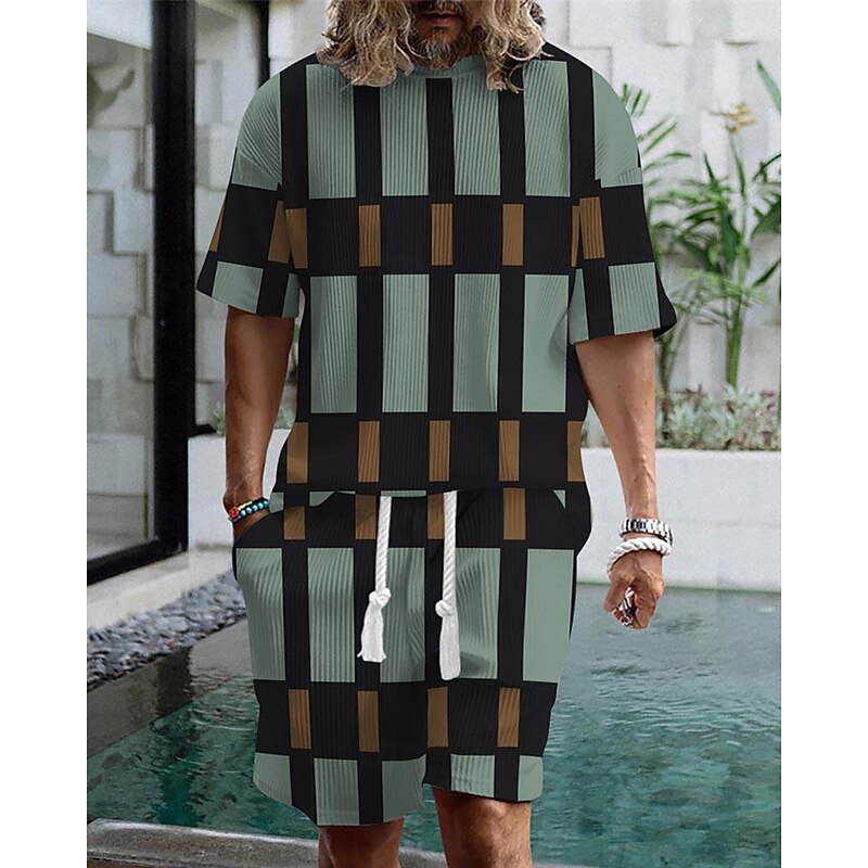 Men's T-shirt Suits 2 Pieces Outfits Tee & Shorts Short Sleeve Crew Neck Summer Striped Fashion Casual 2 Piece Vacation Daily Wear Going out Black Red Blue Top Tee for Men3