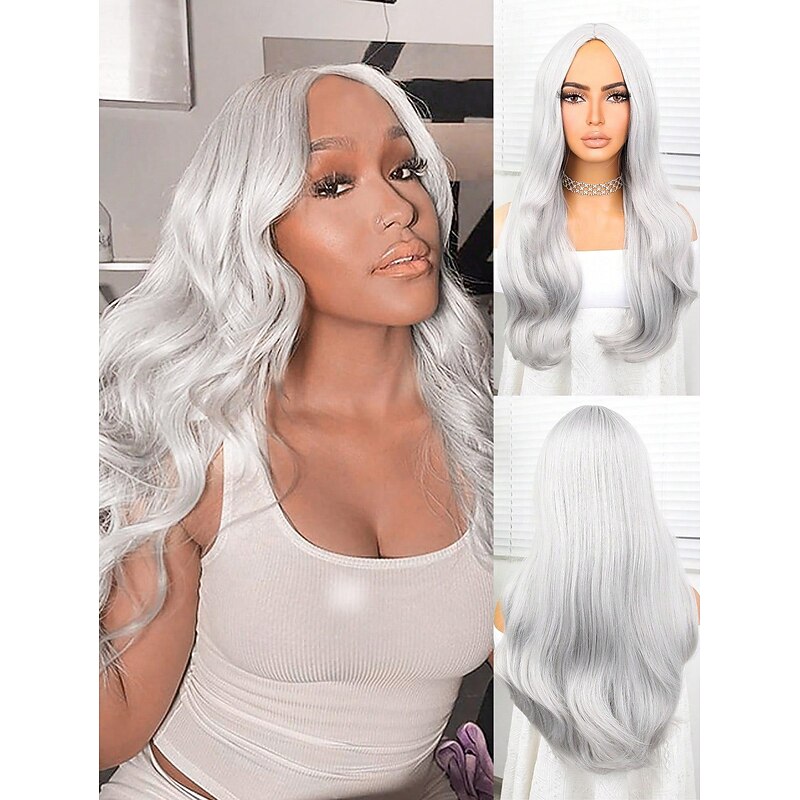 Synthetic Wig Deep Wave Middle Part Wig 24 inch Silver Synthetic Hair 24 inch Women's Dark Gray2