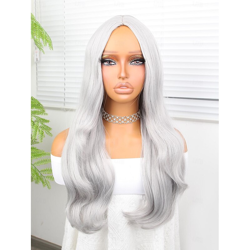 Synthetic Wig Deep Wave Middle Part Wig 24 inch Silver Synthetic Hair 24 inch Women's Dark Gray
