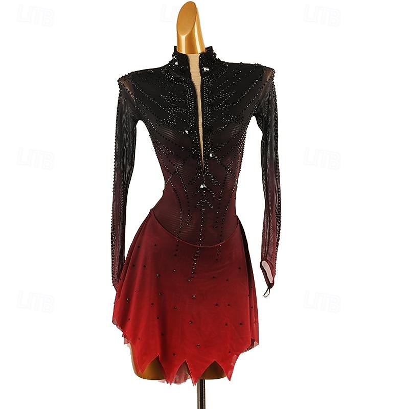 Figure Skating Dress Women's Girls' Ice Skating Dress Red Patchwork Halo Dyeing Mesh Spandex High Elasticity Training Practice Professional Skating Wear Classic Crystal / Rhinestone Long Sleeve Ice