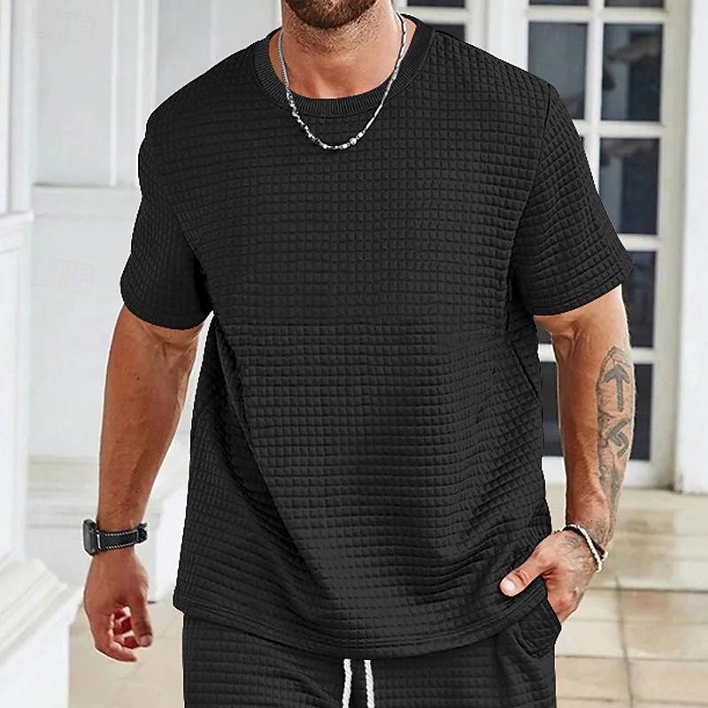 Men's Waffle Tee Waffle Shirt T Shirt Tee Short Sleeve Crew Neck Spring & Summer Plain Fashion Designer Basic Vacation Street Going out Black White Light Grey Top Tee for Men2
