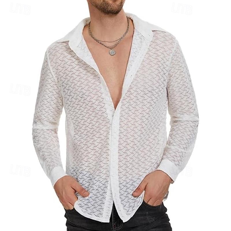 Men's Shirt Summer Shirt Mesh Shirt Sheer Shirt Sheer Blouse Black White Long Sleeve Plain Lapel Hawaiian Holiday Mesh Clothing Apparel Fashion Casual Comfortable