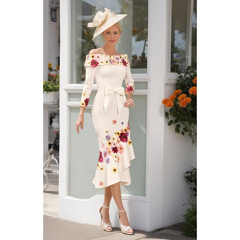 Sheath Mother of the Bride Dress Formal Elegant Off Shoulder Floor Length Stretch Fabric 3/4 Length Sleeve with Bow(s) Ruched Race Day Dress