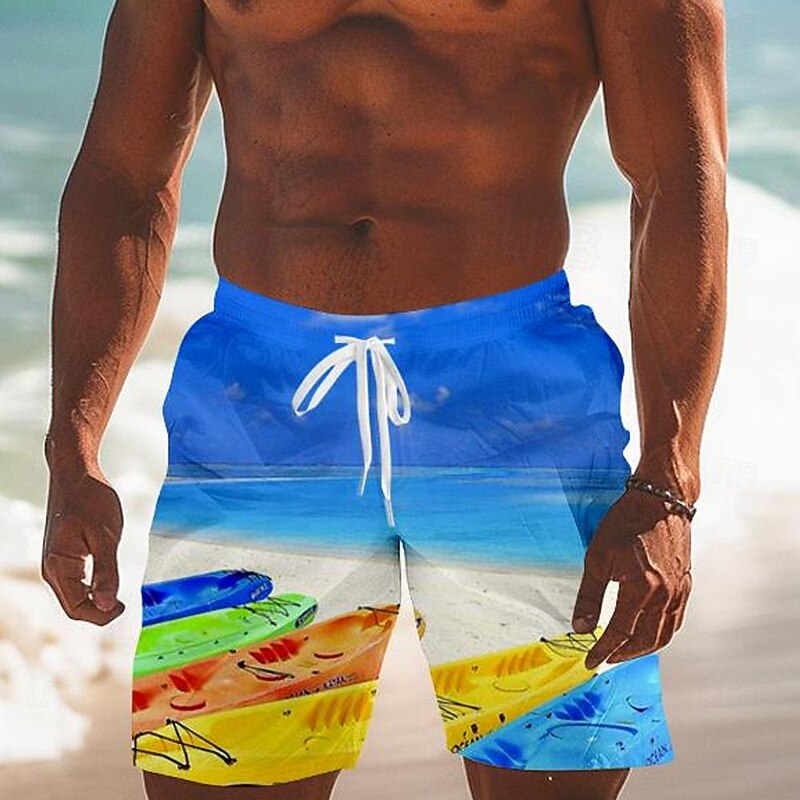 Men's Landscape Boat Swim Trunks Swim Shorts Board Shorts Mid Waist Fashion Streetwear Hawaiian Casual Daily Holiday Pocket Drawstring Elastic Waist Designer Clothing Apparel - Main Image