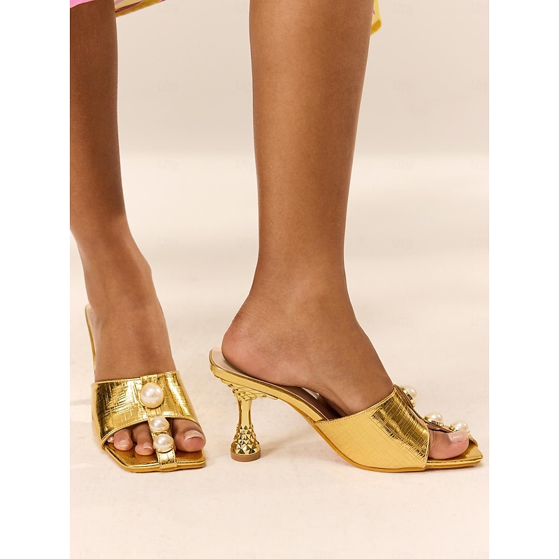 Luxurious Gold Leather Mules with Pearl Accents and Sculptural Heels - Elegant Women's Slip-On Dress Sandals