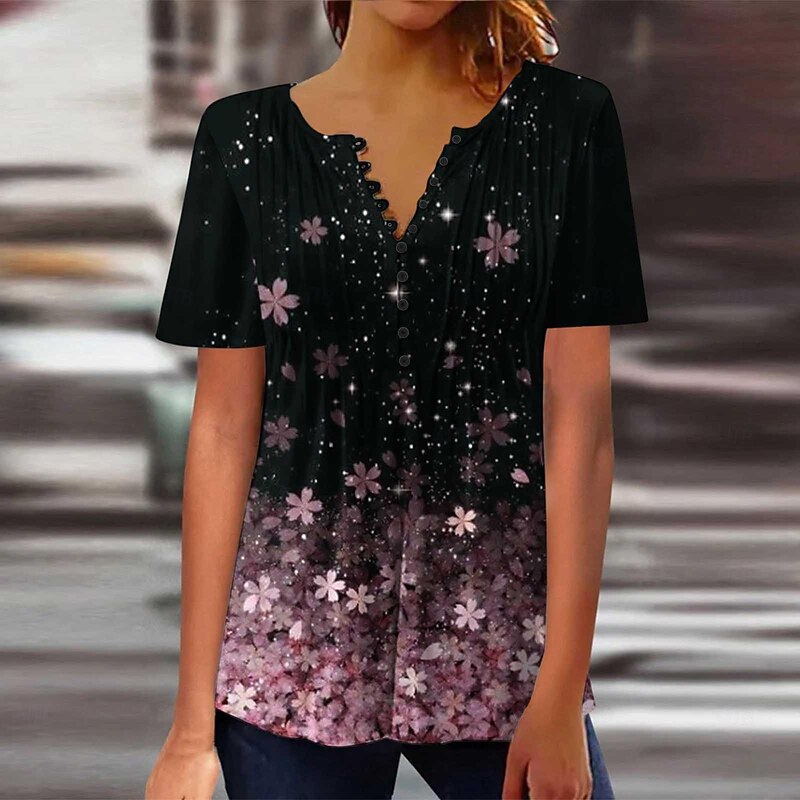Women's Shirt Blouse Casual Floral Buttons Print Short Sleeve Regular Tops Crew Neck Vacation Daily Black White Pink Blue Summer4