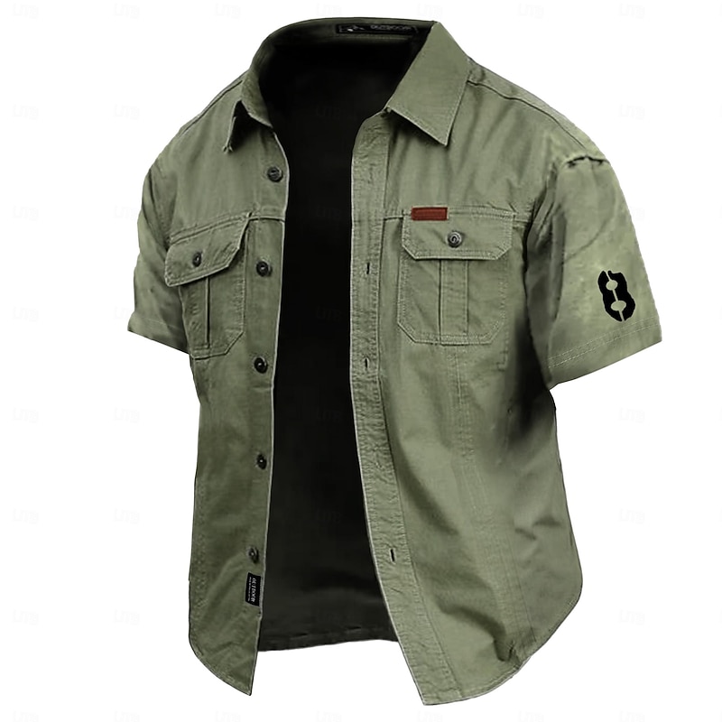 Men's Letter Printed Work Shirt Western Shirt Cargo Shirt Short Sleeve Casual Tactical Sports & Outdoor Going out Summer Spring Turndown Print Army Green Khaki Dark Blue
