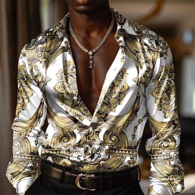 Men's Baroque Dress Shirt Button Up Shirt Long Sleeve Fashion Casual Daily Evening Party Summer Spring Fall Turndown Collared Shirts Buttons Print Yellow