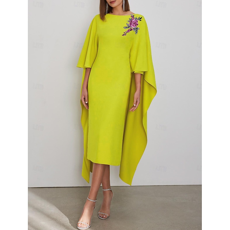 Sheath Cocktail Dresses Elegant Dress Formal Wedding Guest Tea Length Short Sleeve Jewel Neck Capes Stretch Crepe with Appliques Dresses3