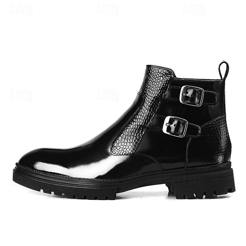 Men's Black Patent Leather Chelsea Boots – Crocodile Pattern with Double Buckle Straps and Rugged Sole, Perfect for Formal and Casual Wear2