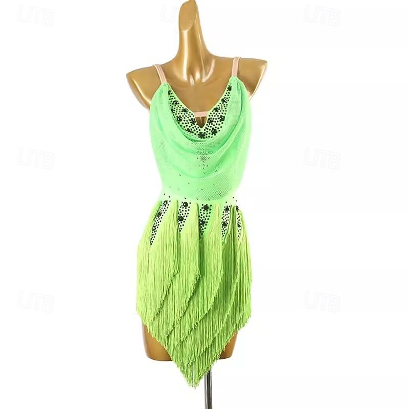 Latin Dance Dress Tassel Splicing Crystals / Rhinestones Women's Performance Training Sleeveless Chinlon Spandex Stretch Yarn