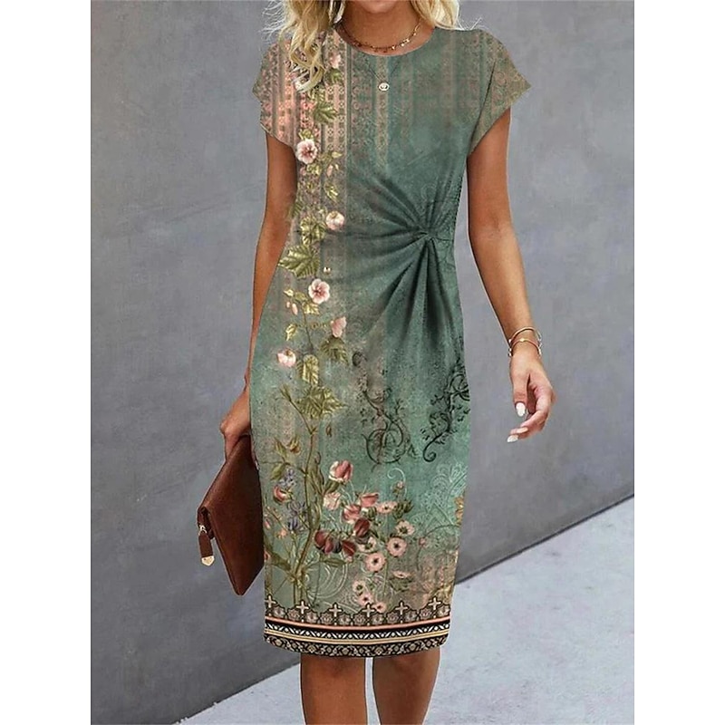 Women's Midi Dress Floral Dress Summer Dress Print Dress Fashion Streetwear Modern Outdoor Vacation Street Regular Fit Floral Short Sleeve Crew Neck Blue Green Summer Spring