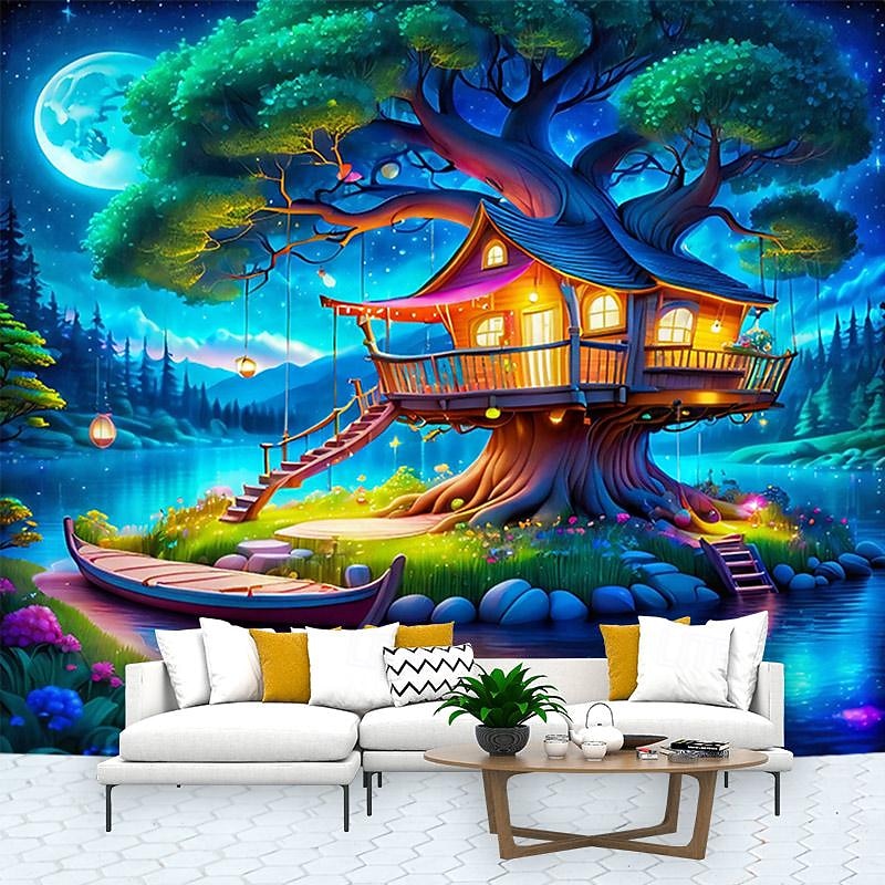 Fantasy Magic Tree House Hanging Tapestry Wall Art Large Tapestry Mural Decor Photograph Backdrop Blanket Curtain Home Bedroom Living Room Decoration