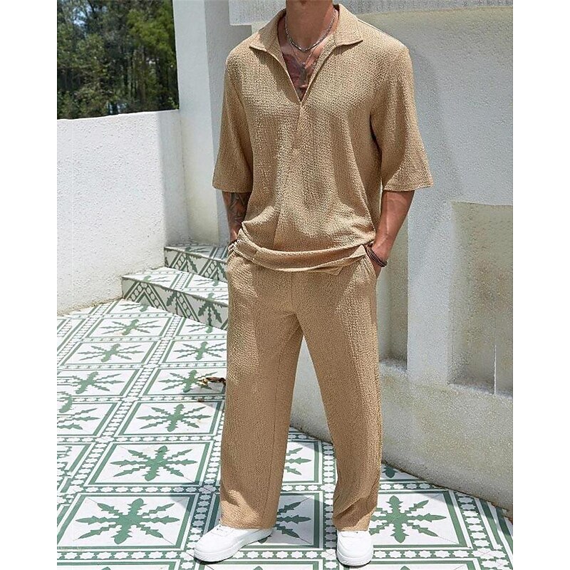 Men's T-shirt Suits 2 Pieces Outfits Tee & Shorts Short Sleeve Turndown Summer Plain Fashion Casual 2 Piece Vacation Daily Wear Going out Black Blue Brown Top Tee for Men4