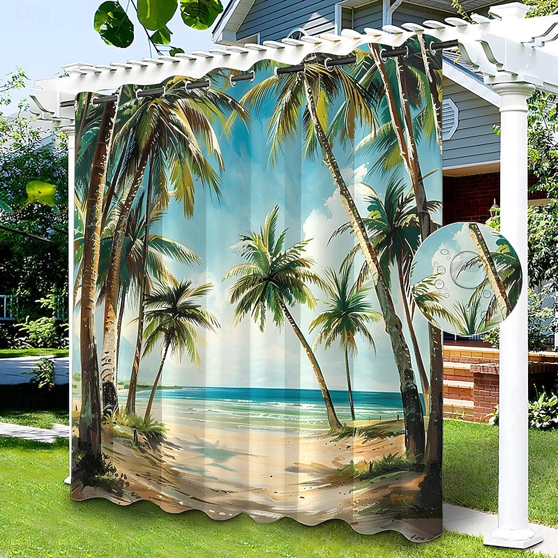 Waterproof Outdoor Curtain Privacy, Sliding Patio Curtain Drapes, Pergola Curtains Grommet Beach Palm Trees Landscape For Gazebo, Balcony, Porch, Party, 1 Panel2
