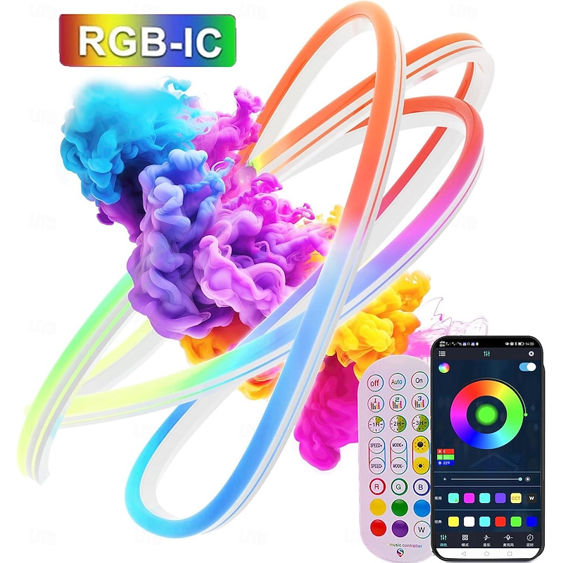 10ft/20ft Waterproof Neon Light Strip, Addressable RGB Rainbow Pixel Light with 2.4G APP Control Bar Synchronize Music Control to DIY LED Neon Sign Art Wall Decoration Lighting Including Power WS2811