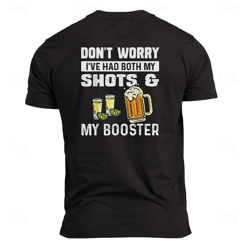 Men's Funny Drinking Graphic T-Shirt "Shots & Booster" Pun Humor Short Sleeve2