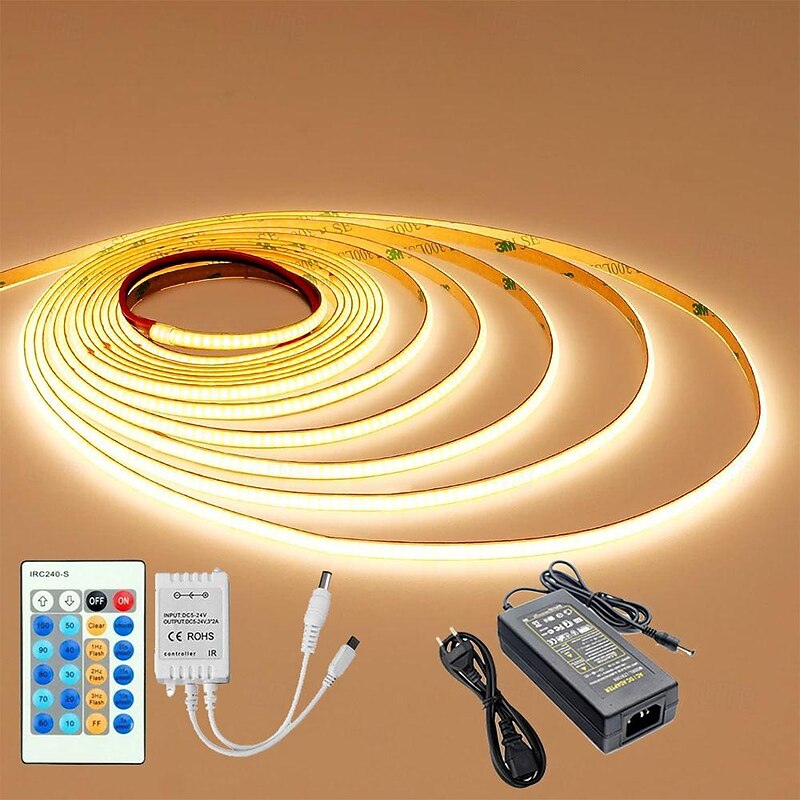 COB LED Strip Light, 5M Linear Dimmable LED Strip Light, High Brightness Flexible 12V COB Led Light RA90 Bedroom